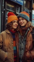 Fototapeta premium Two individuals smiling, wearing colorful winter hats and scarves, are standing close together outdoors