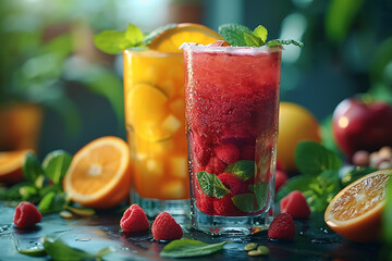 A vibrant and refreshing herbs and fruits juice in a clear glass, surrounded by fresh herbs and fruits, symbolizing a health food concept and healthy eating lifestyle - obrazy, fototapety, plakaty