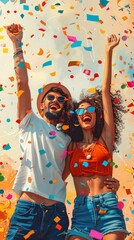 Two joyful people are celebrating with arms raised, surrounded by colorful confetti, wearing casual summer attire
