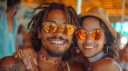 Two smiling people wearing sunglasses with reflections, enjoying a sunny day at an outdoor event