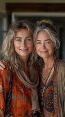 Two smiling women closely posing together, both with blonde hair and wearing earth-toned, patterned clothing