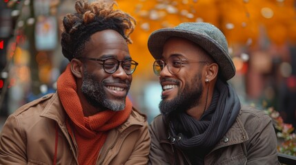 Fototapeta premium Two smiling people sitting close together, wearing warm clothes, with autumn leaves and lights in background