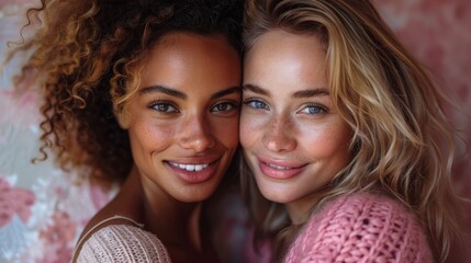 Two smiling women with curly hair, one brunette and one blonde, close together against a floral background