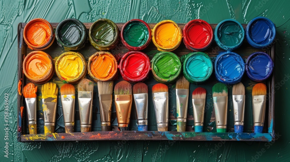 Aufkleber vibrant array of open paint pots and assorted brushes lie on a wooden palette