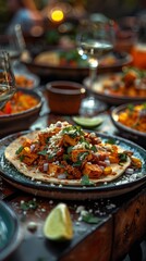 Obraz premium Vibrant Mexican meal with seasoned vegetables and cheese on tortilla, surrounded by various dishes and drinks