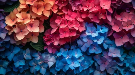 Foto auf Leinwand Vibrant display of hydrangea flowers with a gradient from orange to blue, lush and colorful © TheGoldTiger