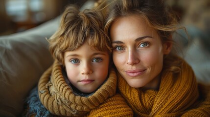 Fototapeta premium Woman and a child with captivating eyes, snuggled closely, wear warm sweaters, exuding familial warmth