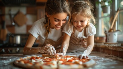 Woman and a young girl are joyfully preparing a pizza together in a home kitchen