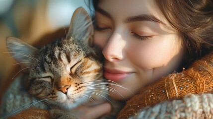 Woman gently cuddles a content tabby cat, both enjoying a peaceful, affectionate moment together