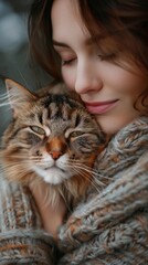 Woman gently embraces a tabby cat, both seemingly enjoying a peaceful and affectionate moment together