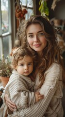 Obraz premium Woman holding a young child, both wearing cozy sweaters, surrounded by warm indoor plant decor