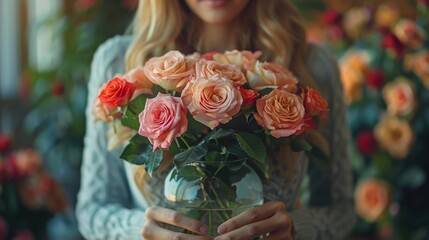 Woman is holding a bouquet of vibrant pink and orange roses in a glass vase