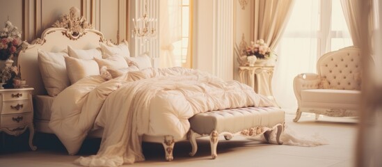 Luxurious bedroom interior with a vintage light filter for a blurred background.
