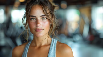 Woman with freckles and green eyes, wearing a tank top, is inside a gym - obrazy, fototapety, plakaty