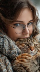 Woman with glasses is closely embracing a striped cat, both gazing towards the camera