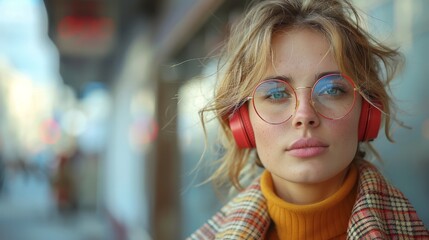 Woman with round glasses and red headphones is looking at the camera on a city street