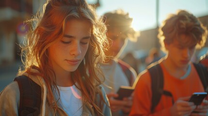 Young woman in foreground with sunlight on hair, young man behind looking at his phone
