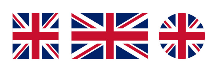 United Kingdom flag vector icon set. Great Britain flag vector sign in round and square. England or Union Jack flag icon in circle.