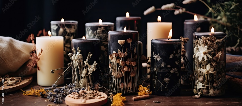 Poster a collection of candles displayed on a rustic wooden table, creating a warm and inviting atmosphere.