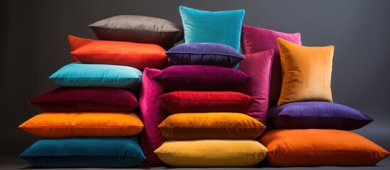 A stack of vibrant pillows in shades of purple, magenta, and electric blue, adding comfort and style to a furniture display with chairs and tables