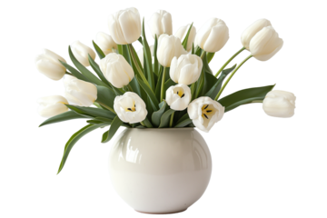 White tulips in a beautiful vase isolated on a transparent background
