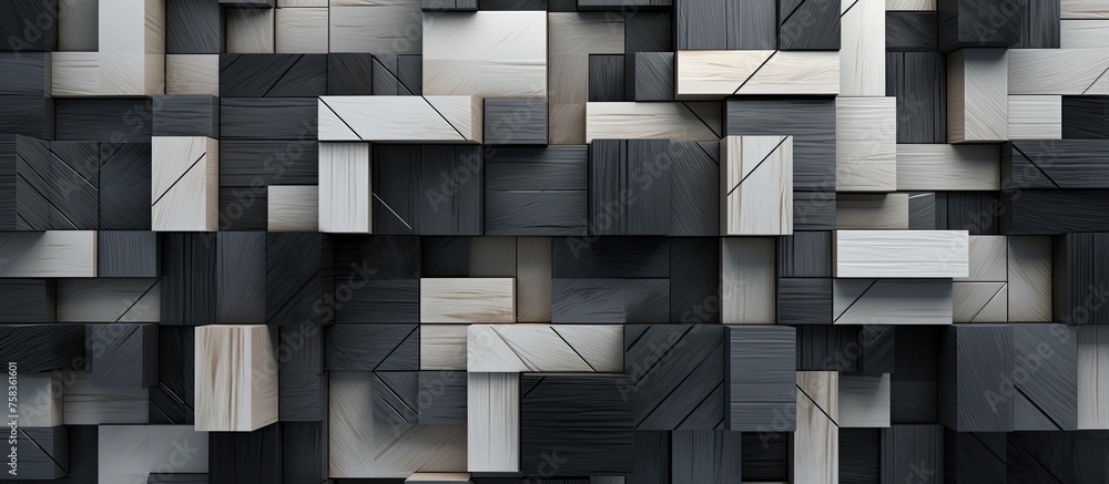 Poster a grayscale rectangular geometric pattern of squares adorns a building, creating a symmetrical facad