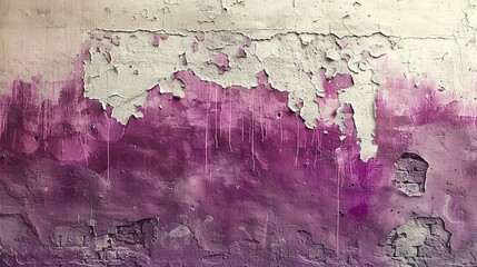 Messy paint strokes and smudges on an old painted wall. Purple, beige, white color drips, flows, streaks of paint and paint sprays