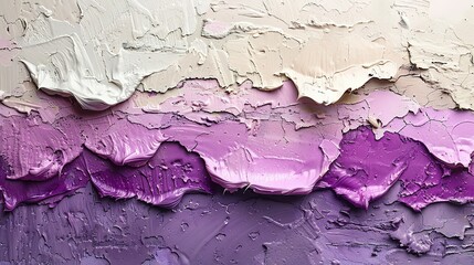 Messy paint strokes and smudges on an old painted wall. Purple, beige, white color drips, flows, streaks of paint and paint sprays