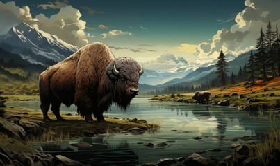 Natural autumn landscape, bison grazing by the river. - obrazy, fototapety, plakaty