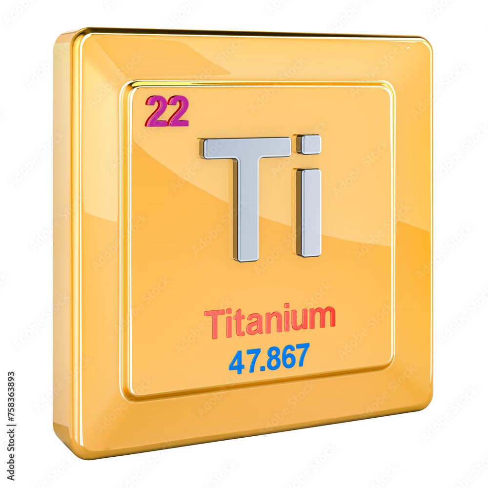 Poster titanium ti, chemical element sign with number 22 in periodic table. 3d rendering isolated on transp