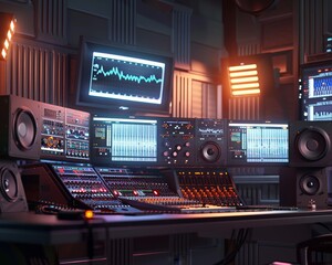 A detailed 3D scene of a sound engineers workspace in a recording studio featuring monitors displaying audio waveforms