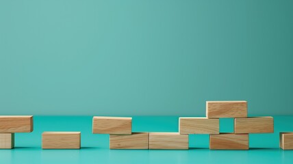 Wooden blocks strategically placed on a turquoise background