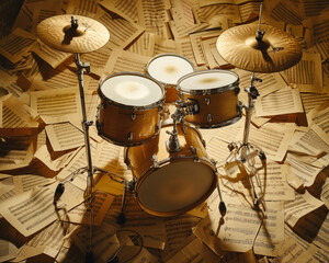 A dynamic scene of a vintage drum kit surrounded by scattered sheets of music notes