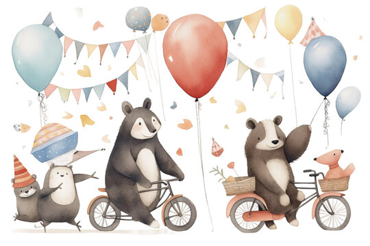 air illustration drawn birthday bikes animals baby cute bear watercolor badger hand celebration image beautiful baloons party rabbit stock