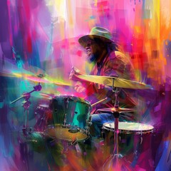 Fototapeta na wymiar An artistic digital painting of a jazz drummer in motion with a burst of musical notes and vibrant colors emanating from the drum set