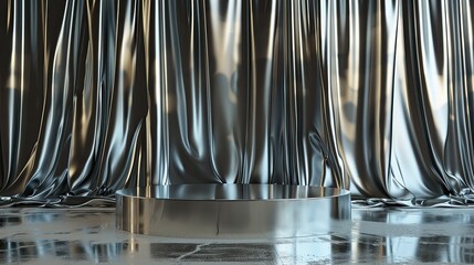 a round podium in front of a silver curtain - obrazy, fototapety, plakaty