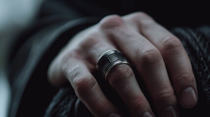 Close-up of a hand with a textured ring, suggesting depth and introspection
