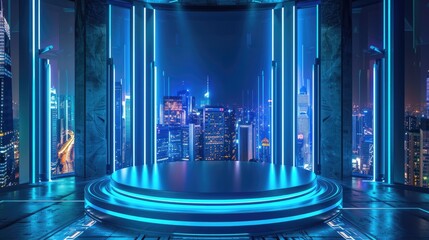 a futuristic stage with a view of a city at night - obrazy, fototapety, plakaty