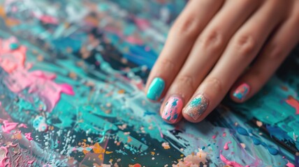 Vibrant manicure on colorful abstract background