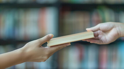 Two hands passing a book over in a library setting, symbolic of sharing knowledge