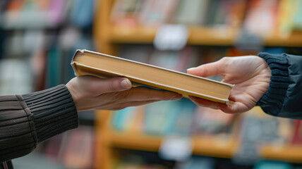 Two people exchanging a book, focus on hands against a blurred bookshelf backdrop