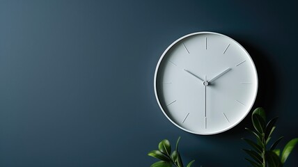 A modern minimalist clock surrounded by green leaves against a dark background