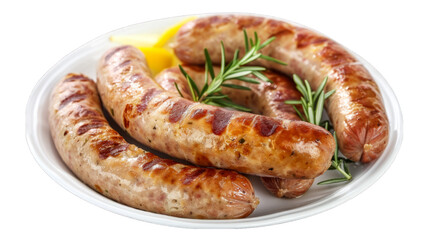 Bratwurst on a plate isolated on transparent png background. Generative ai 