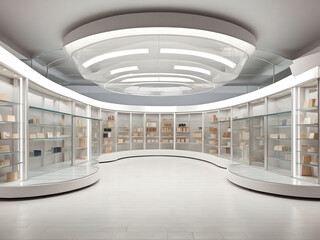 Sales area of the store with rows of empty shelving with rounded side sections, and a transparent glass ceiling. 3d illustration design.