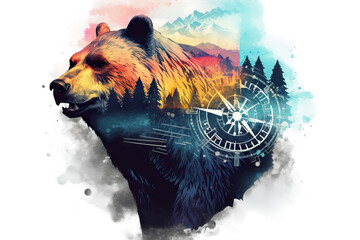 mountains magic tourism bear style watercolor mountain exposure splashes double animals forest adventure night tribal tattoo travel sky bear symbol - obrazy, fototapety, plakaty