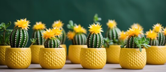A row of terrestrial plants with pineappleshaped pots and yellow flowers, resembling ananas plants. These natural foods can be used as ingredients or displayed on a table - Powered by Adobe