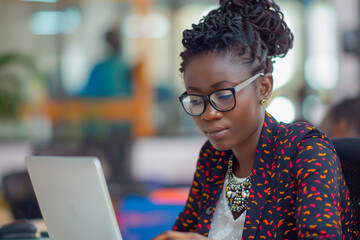 Data professional and secretary typing an email on a laptop and doing online research while working in an office African entrepreneur looking focused while using the internet for work - obrazy, fototapety, plakaty