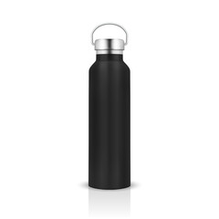 Vector Realistic 3d Black Color Metal or Plastic Blank Glossy Reusable Water Bottle with Silver Bung Closeup Isolated on White Background. Design Template of Packaging Mockup. Front View