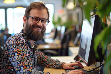 Happy programming and a male programmer typing on a computer for web or software development in an office