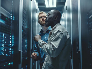 Shot of two technicians working together in a server room